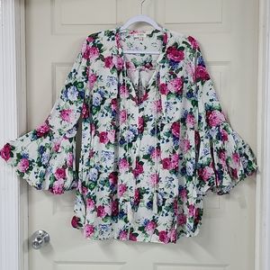 Umgee Floral Peasant Blouse in White, Pink & Blue